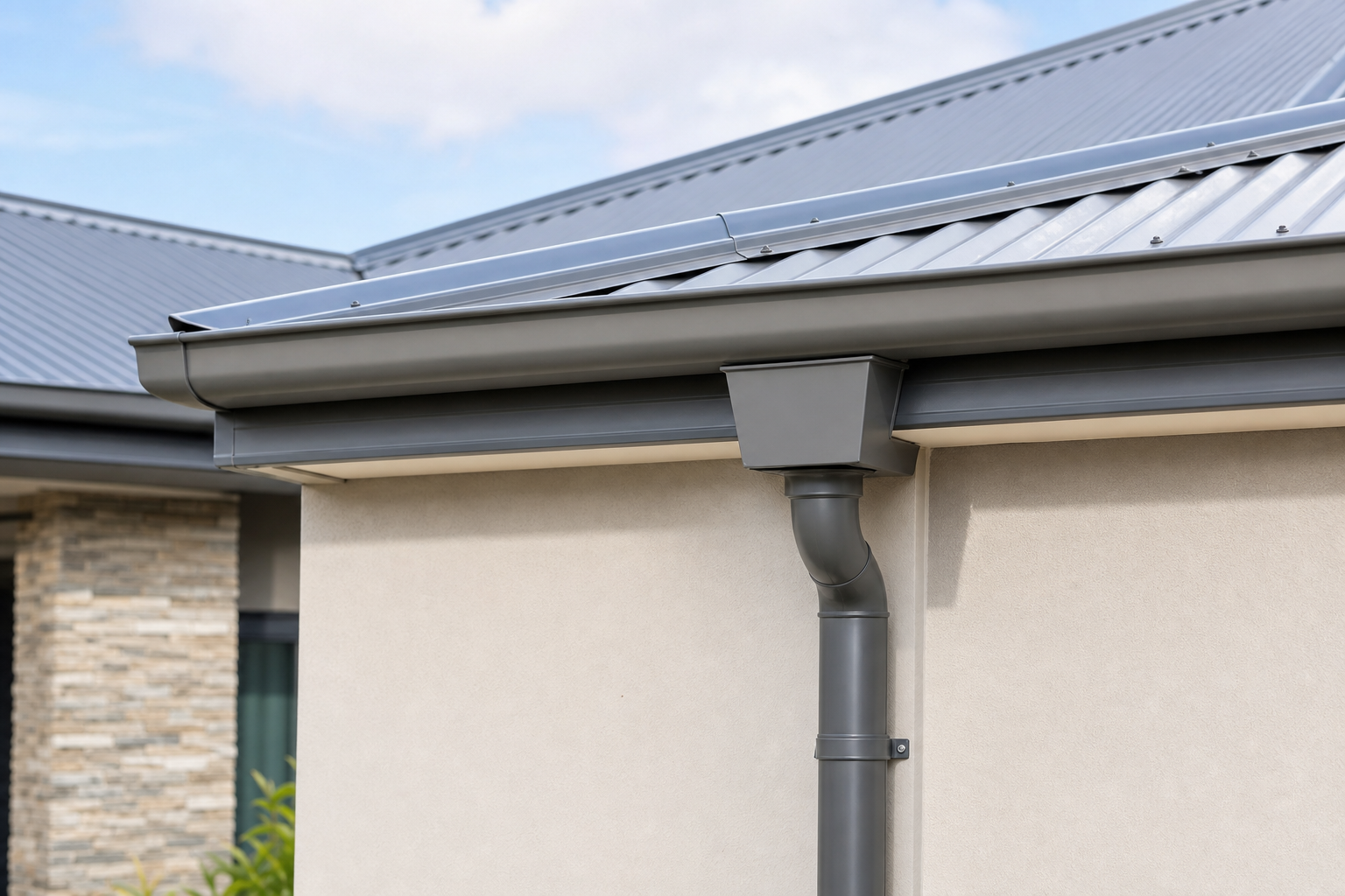 Metal gutters, downpipe and roof flashing installation