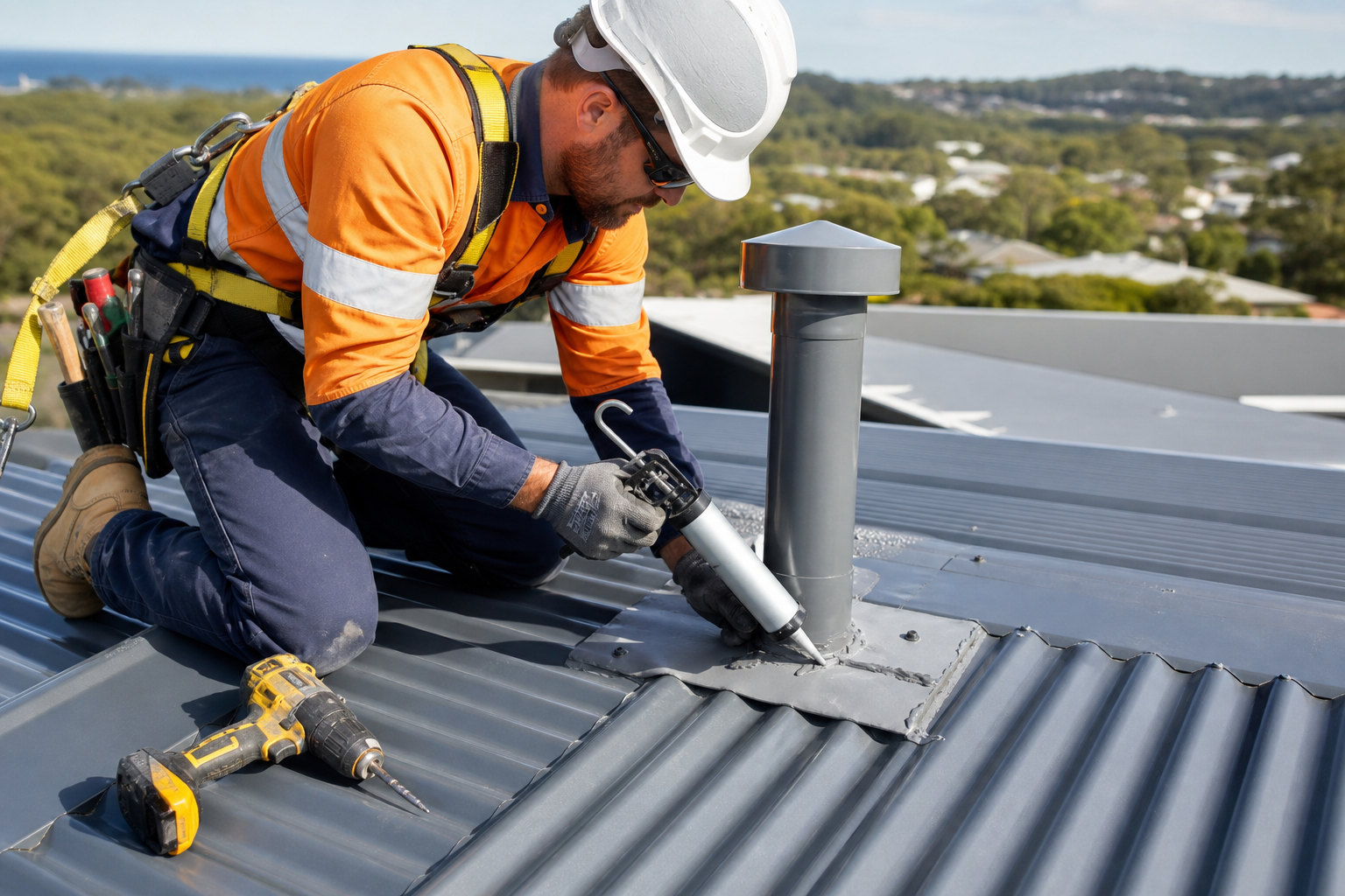 Professional repairing a leak in a metal roof